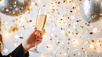 A woman's hand holds a glass of sparkling champagne amidst falling gold confetti. Festive party background for a New Year or birthday celebration