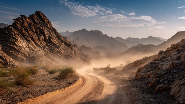 Winding dirt track through rocky slopes of the Hajar range under clear blue sky