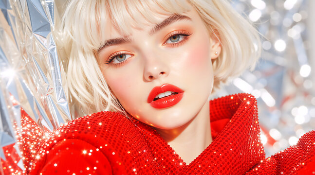 A glamorous woman with holiday makeup and a red sequin jacket. Portrait of a blonde model with festive red lipstick. Christmas and New Year party celebration concept