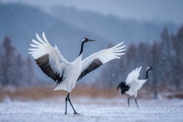 Obraz premium Winter scene of a crane performing a courtship display on a snowy marsh in Japan