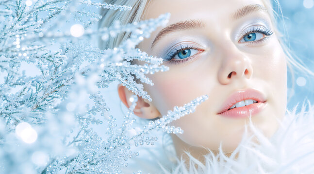 Winter beauty portrait of a woman with holiday makeup. Fantasy snow queen with blue eyes and frosted branches. Christmas and New Year glamour concept