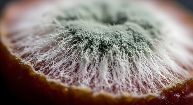 Macro shot of mold growth on a food surface, with intricate fungal filaments visible - Powered by Adobe