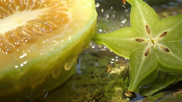Bright green star fruit cross-section resting on a glossy wet surface with reflections