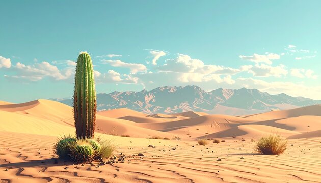 Tall cactus stands in the desert against a light blue sky with puffy clouds and mountains in the background - Powered by Adobe