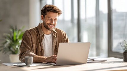 Young man smiling while working on a laptop in a bright home office