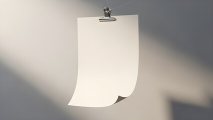 Blank White Paper Sheet Mockup Hanging from Clip with Natural Light and Shadow