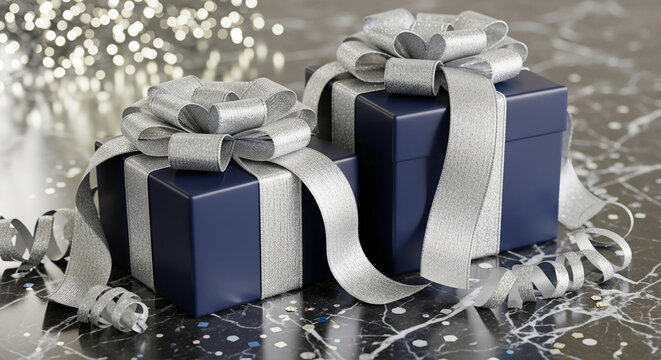 Two dark blue gift boxes with silver ribbon and bow, set on dark marble. Represents celebration, luxury and festive events, suitable for gift concepts.
