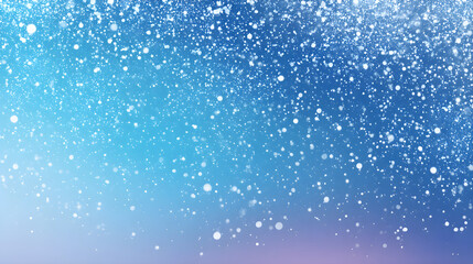 Magical snowfall theme with white sparkles drifting around dreamy gradient blue background, copy space center 