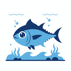 Obraz premium Cute blue cartoon fish swimming underwater with bubbles and seaweed.