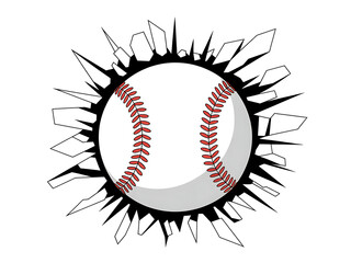 Baseball breaking through a wall, creating a cracked effect, isolated on