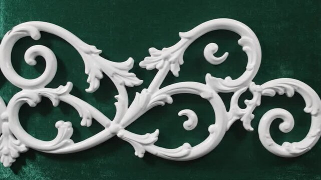 White ornate scrollwork against a deep green textured backdrop