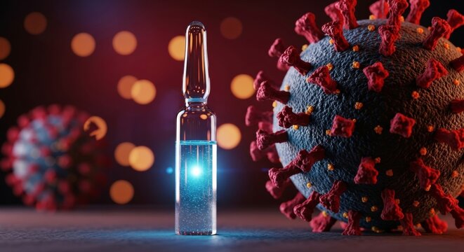 Covid-19 vaccine ampoule and coronavirus particle
