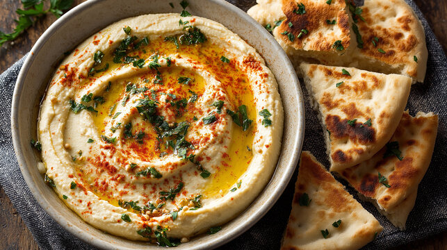 creamy hummus swirled beautifully, topped with olive oil, paprika, parsley, served with sliced warm pita bread