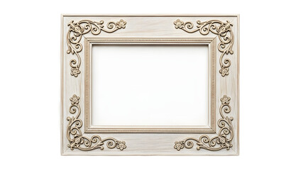 Antique white wooden photo frame with ornate scrollwork details, isolated on white background
