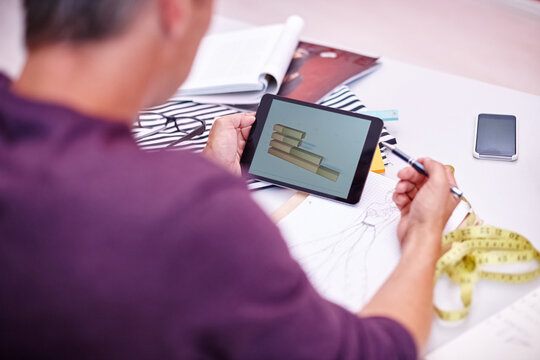 Tablet, hands of fashion designer or sketching with chart for garment, design process or inspiration. Clothing production, person and tech in studio for creative illustration and planning runway show