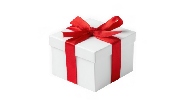 A white gift box with a red ribbon isolated on transparent background