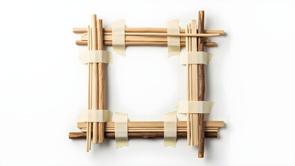 Top View of Square Frame Constructed from Wooden Sticks and Masking Tape on White Background
