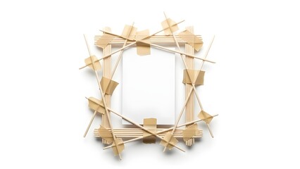 Square Rustic Frame Constructed from Light Wooden Craft Sticks Isolated on White