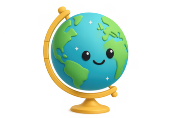 Cute smiling earth globe illustration on stand representing education, geography, world travel, and environmental care
