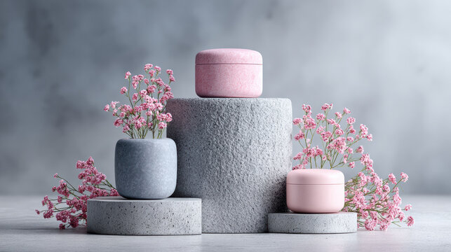 Elegant cosmetic product display with pink jar on stone podium. natural skincare mock up with flower against blurred grey background - Powered by Adobe