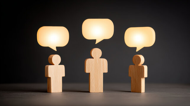 Wooden figure stand in conceptual discussion with glowing speech bubble. Expressing an idea, opinion, dialogue and open communication