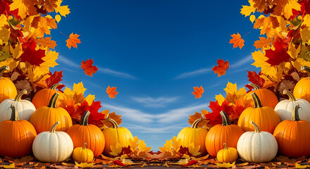 Autumn pumpkins and colorful leaves frame a blue backdrop creating a warm seasonal mood 14749243 1