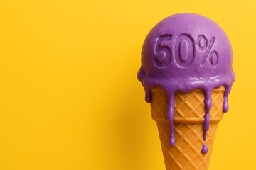 Waffle cone with melting purple ice cream and embossed 50 percent symbol, isolated on vibrant yellow background. Concept for summer sale, discount, or sweet promotion with playful minimalist style.