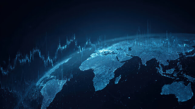 Serious digital world globe with finance data chart overlay. futuristic concept of global economy, market, and technology analysis
