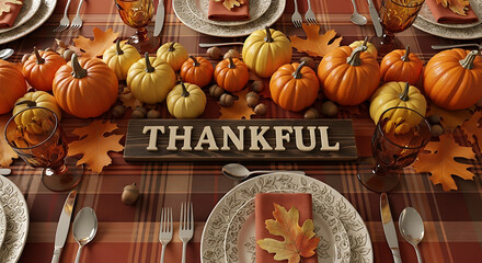 Autumn themed Thanksgiving table setting with small decorative pumpkins in warm colors acorns and a 30149354 1