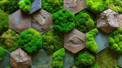 Calming green moss wall with natural hexagon texture. This modern eco design makes fresh background for an interior biophilic decoration