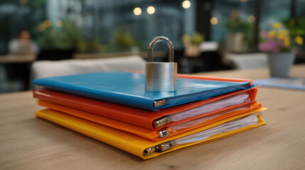 Padlock on folder symbolizes data security and protection. Locked confidential information and file privacy concept for business documents