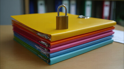 Secure padlock on colorful stack of folder for data protection. concept of confidential information, security, and organized document privacy