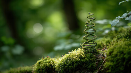 Serene green DNA helix entwined with moss in lush forest. Sunlight filtering through leaves represents life, growth, and natural discovery