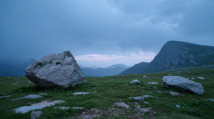 Moody rugged mountain landscape with large weathered boulder. This tranquil, remote outdoor scenery with dramatic sky evokes quiet feeling