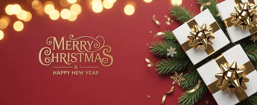 Merry christmas and happy new year background with gift box and christmas tree branch