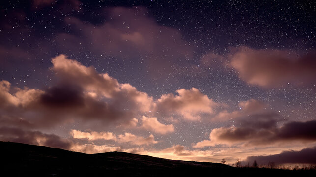 Serene night sky with dreamy clouds and stars over dark landscape silhouette. tranquil background shows vast purple and pink twilight glow - Powered by Adobe