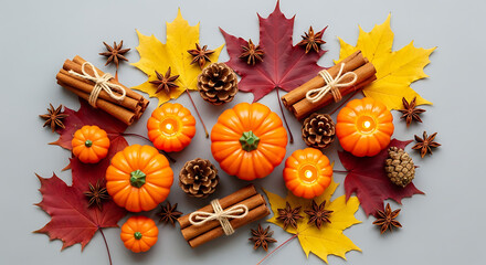 Autumnal treasures on display Above vertical view picture with cinnamon sticks Chinese anise pinecon 68376109 1