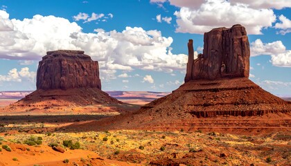 Two large red rock mesas rise majestically in a desert landscape with a bright blue sky & fluffy white clouds