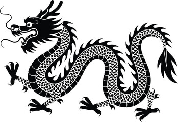 Traditional Chinese Dragon Silhouette Illustration Vector. Black Oriental Dragon Artwork with Scales and Details.