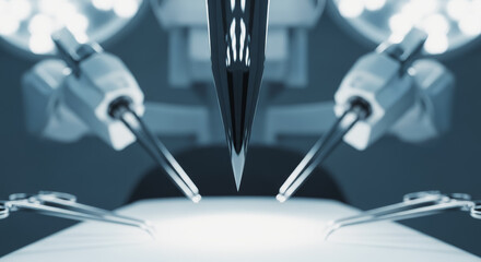 Precision surgical tools are poised over a sterile operating table, bathed in the cool light of the surgical theater. Emphasizing modern medicine and the advancements in healthcare.