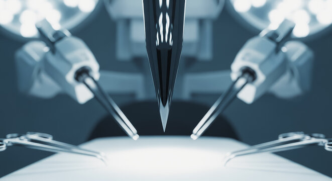 Precision surgical tools are poised over a sterile operating table, bathed in the cool light of the surgical theater. Emphasizing modern medicine and the advancements in healthcare.