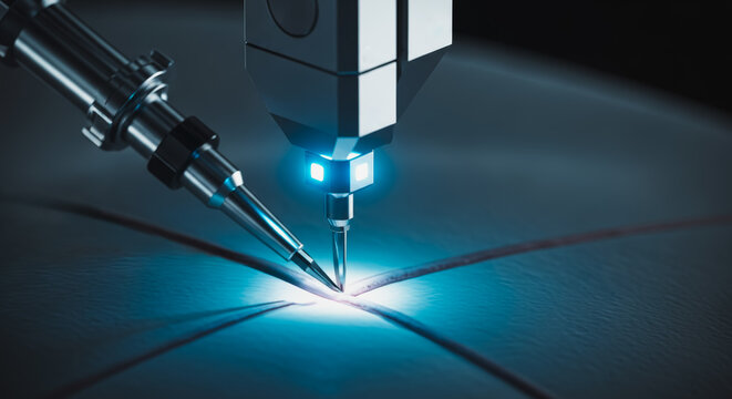 Intricate machinery performing precise laser cutting with an elegant display of technology. Evoking a sense of innovation and precision, this image embodies the cutting edge of industrial processes.