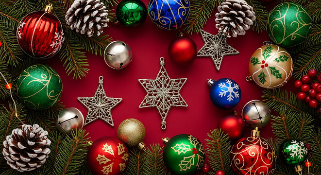 Elegant festive composition featuring colorful Christmas ornaments with evergreen branches on a crim 47294542 1