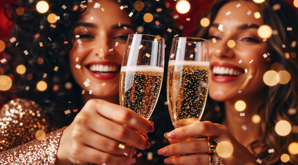 Two happy women celebrating with champagne at a new year party. Friends toasting with glasses under falling confetti for a festive holiday event