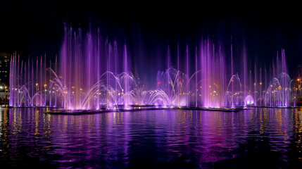 the large square frame stands on the water surface, with purple-lit fountains in front of it. the wide-angle lens captures a spectacular scene of the fountain show at night