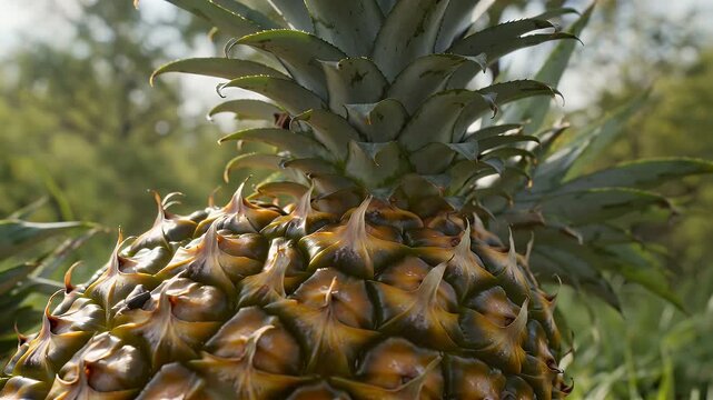 Close-Up View of a Ripe Pineapple in a Sunlit Field with Green Foliage