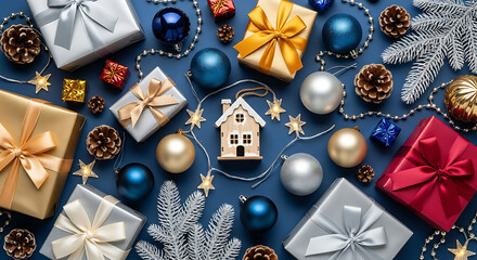 Beautiful vertical Christmas scene featuring wrapped gifts ornaments pine cones a wooden house ornam 16978863 1