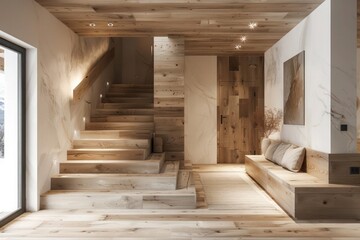 Scandinavian Rustic Style Entrance Hall Interior Design with Wooden Staircase: Down the way basement