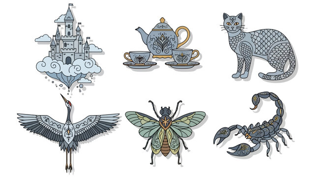 Whimsical assortment of fanciful elements: castle, tea set, animals and arthropods composition