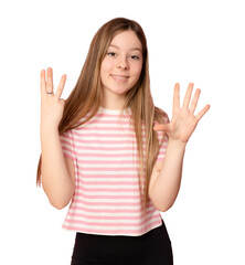 Young caucasian girl with long girl isolated on transparent background counting eight with fingers. PNG transparent.